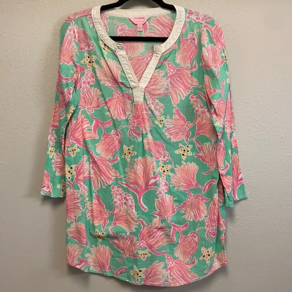 Lilly Pulitzer 100% Cotton Pink Green Ripley Lagoon Preppy Coastal Tunic 4375 - Picture 2 of 11